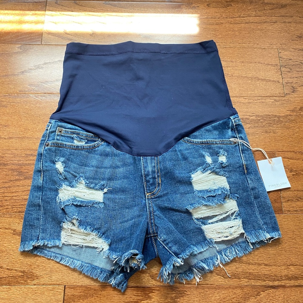 PinkBlush Navy Blue Distressed Maternity Denim Shorts